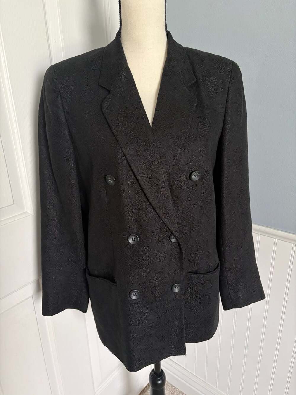 Liz Claiborne Petite Collection Black Linen Brocade Double Breasted Blazer
